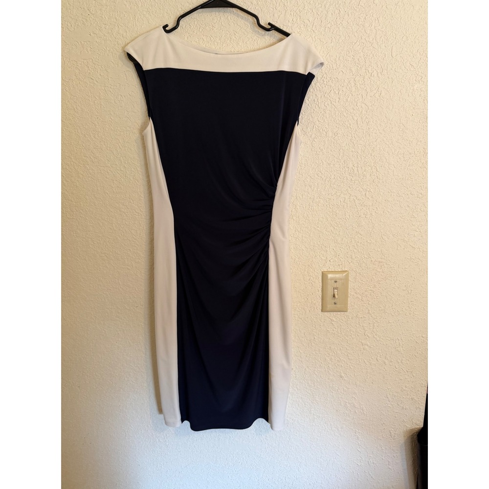 Lauren Ralph Lauren Navy Blue White Colorblock Ruched Sheath Dress Womens Size 8